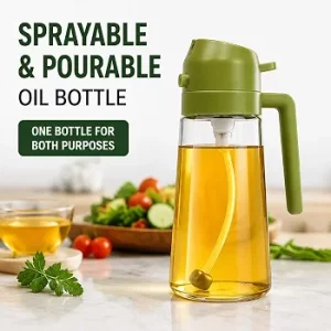 2-in-1 Glass Oil Sprayer & Dispenser Bottle 470ml | Spray & Pour Oil Bottle | Food Grade Leakproof Oi