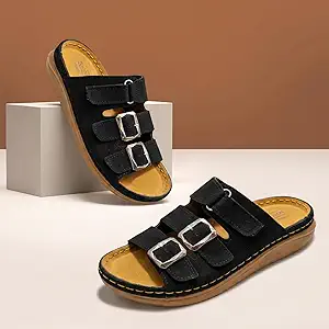 Rexine Slippers for Men | Dual Strap Slip-On Sandals with Adjustable Buckles | Open Toe Casual Party & Outdoor Wear Slides |