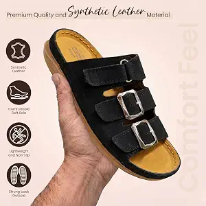 Rexine Slippers for Men | Dual Strap Slip-On Sandals with Adjustable Buckles | Open Toe Casual Party & Outdoor Wear Slides | - Image 2