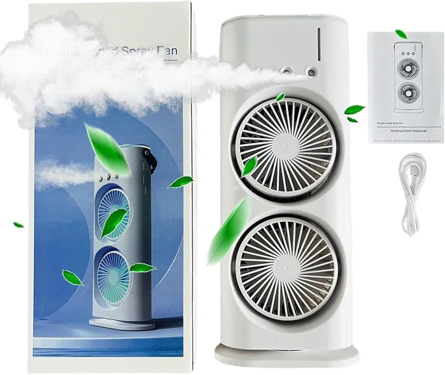 TEKCOOL 4000mAh Double Ended Spray Fan, Cold Air, 2025 New 3 Gears USB Rechargeable Oscillating one with LED Light Cooler, Touch & Remote Control, 280ml Water Tank, Ice Filling (White)