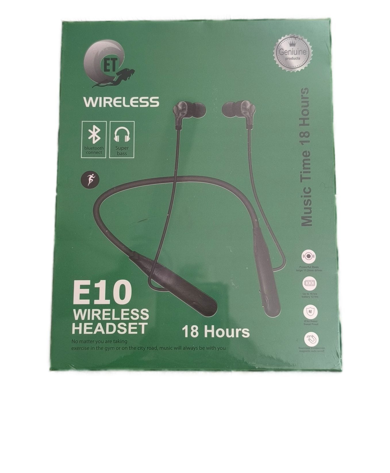 Geniuine E10 wireless headset, a neckband-style earphone featuring Bluetooth connectivity