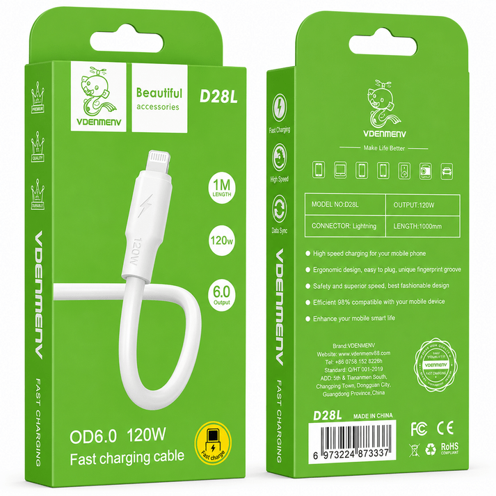 VDENMENV D28L 120W Fast Charging Cable OD 6.0mm 1Meter Lightning
